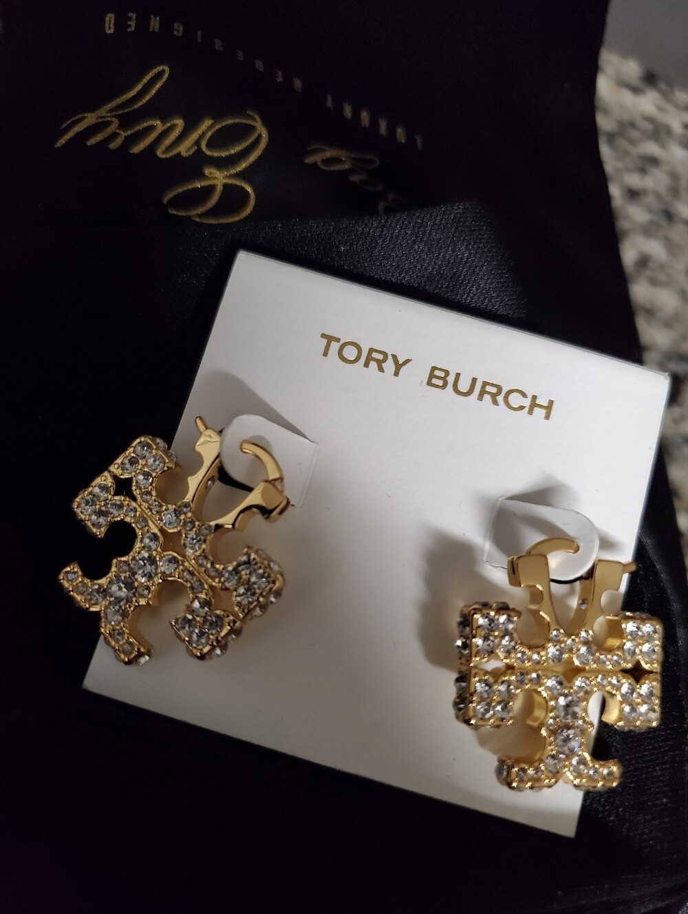 Tory Burch Gold Crystal Double-T Stud Earrings